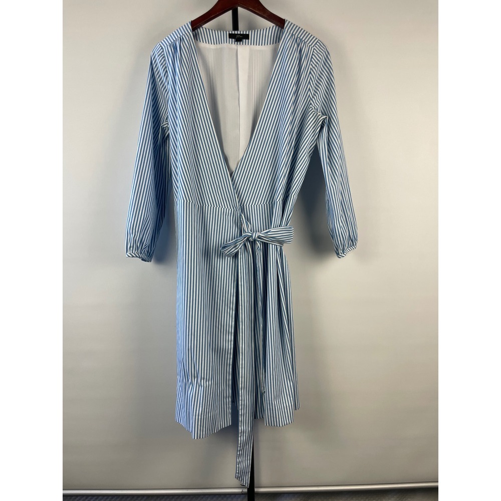 J.Crew Women Blue White Striped Wrap‎ Dress Long Sleeve Size 4 Cotton Blend